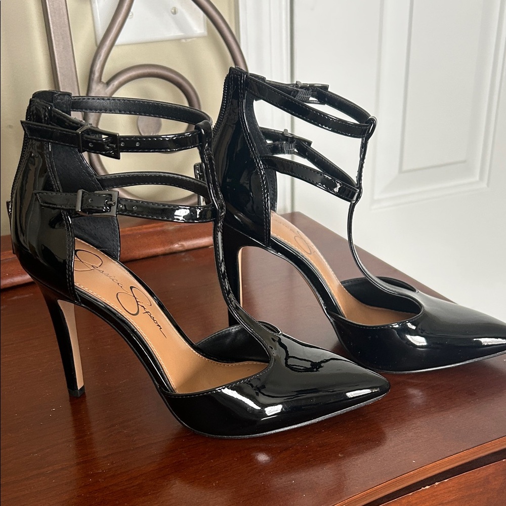 Jessica Simpson Glossy Black Strappy Heels